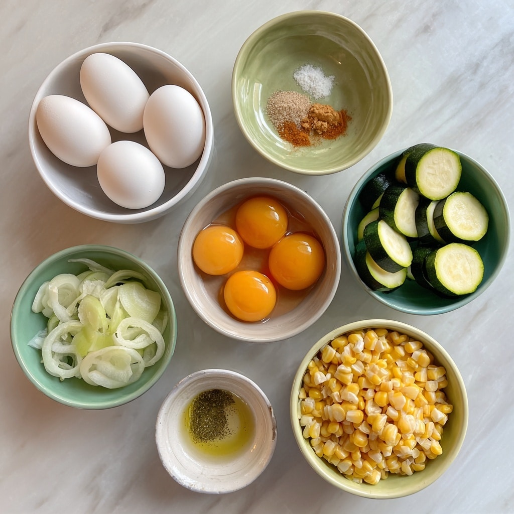A round frittata with three visible layers in a black pan on a white marbled surface, the base layer is golden and firm with small pieces of onion and corn, the middle layer is soft and yellow with melted cheese, and the top layer has thin slices of light green zucchini and pieces of corn spread evenly, the surface is slightly browned in spots, a silver spatula lifts a triangular slice showing the layers clearly, the colors are bright and fresh with green, yellow, and golden brown tones. photo taken with an iphone --ar 4:5 --v 7