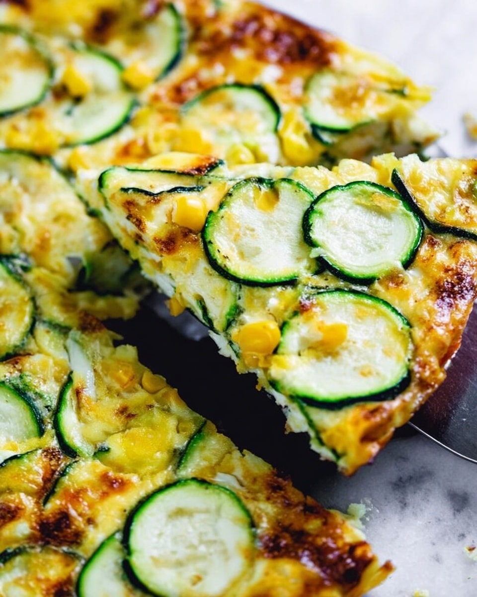 A close-up image of a slice of zucchini frittata being lifted on a silver spatula. The frittata has one main layer with a golden-brown cooked egg base mixed with melted yellow cheese. Thin round slices of green zucchini are spread on top with some slightly charred spots. There are small pieces of bright yellow corn scattered throughout the dish. The background is a white marbled texture. photo taken with an iphone --ar 4:5 --v 7