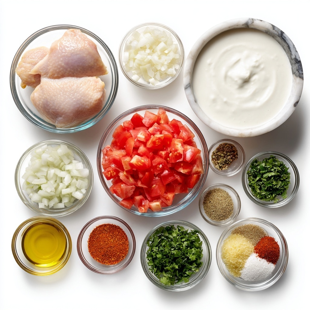 This image shows several clear glass bowls arranged neatly on a white marbled surface, each containing different ingredients. There are two chicken pieces in one bowl with a pale pink color. A large bowl of white coconut milk is smooth and creamy. Another bowl has chopped tomatoes, bright red and juicy, while next to it a bowl has diced white onion with a soft texture. A small bowl of golden olive oil sits near the top. Other small bowls contain finely chopped green parsley, green jalapeno pieces, pale yellow minced ginger, minced garlic, pale yellow lemon juice, and various ground spices including brown coriander, orange turmeric, reddish cayenne, light brown cumin, white salt and pepper mix, and tan garlic powder. All elements are cleanly arranged and easy to see photo taken with an iphone --ar 4:5 --v 7