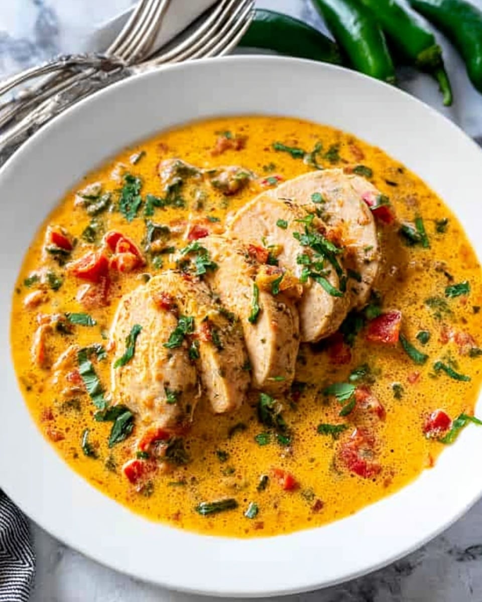 The image shows a white plate filled with a creamy orange-yellow sauce containing small pieces of red and green vegetables. On top of the sauce, there are several slices of cooked chicken arranged in a neat line in the center. Fresh green herbs are sprinkled over the chicken and sauce, adding a touch of color. The plate sits on a white marbled surface with a knife and fork partly visible in the background along with green chili peppers. The photo taken with an iphone --ar 4:5 --v 7