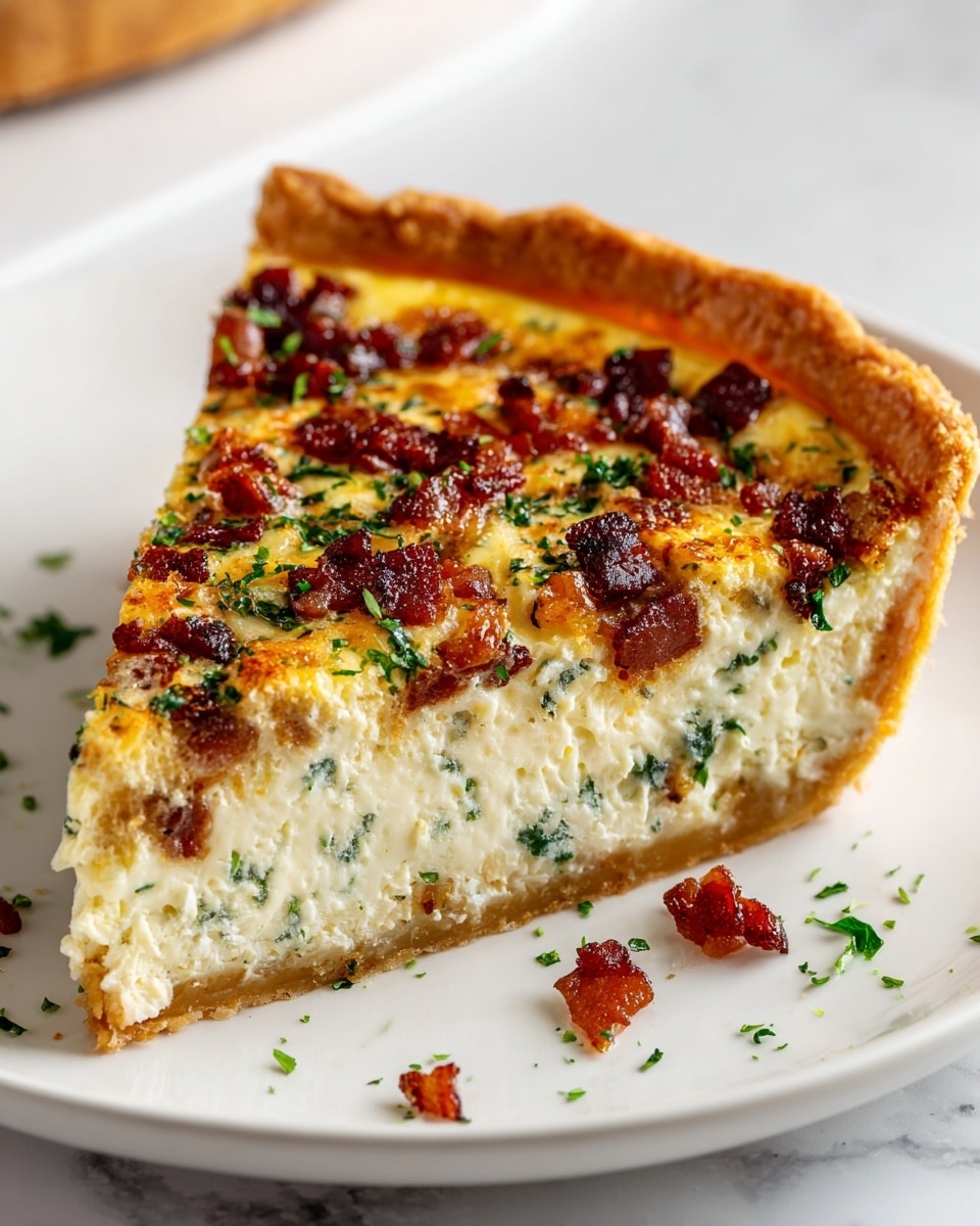 The image shows a thick slice of quiche on a white plate with a white marbled surface background. The quiche has three visible layers: a golden brown, crunchy crust on the outside; a creamy white middle layer filled with small green herbs mixed evenly throughout; and a top layer with bubbly, browned cheese and scattered pieces of crispy dark brown bacon. Small green herb bits are sprinkled on top and around the plate for decoration. The texture looks soft and rich inside, with a slightly firm and crunchy top and edge. Photo taken with an iphone --ar 4:5 --v 7