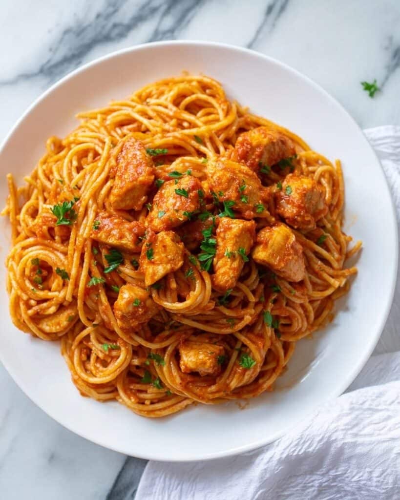 Chicken Scallopini in Tomato-Wine Reduction with Garlic Spaghetti Recipe