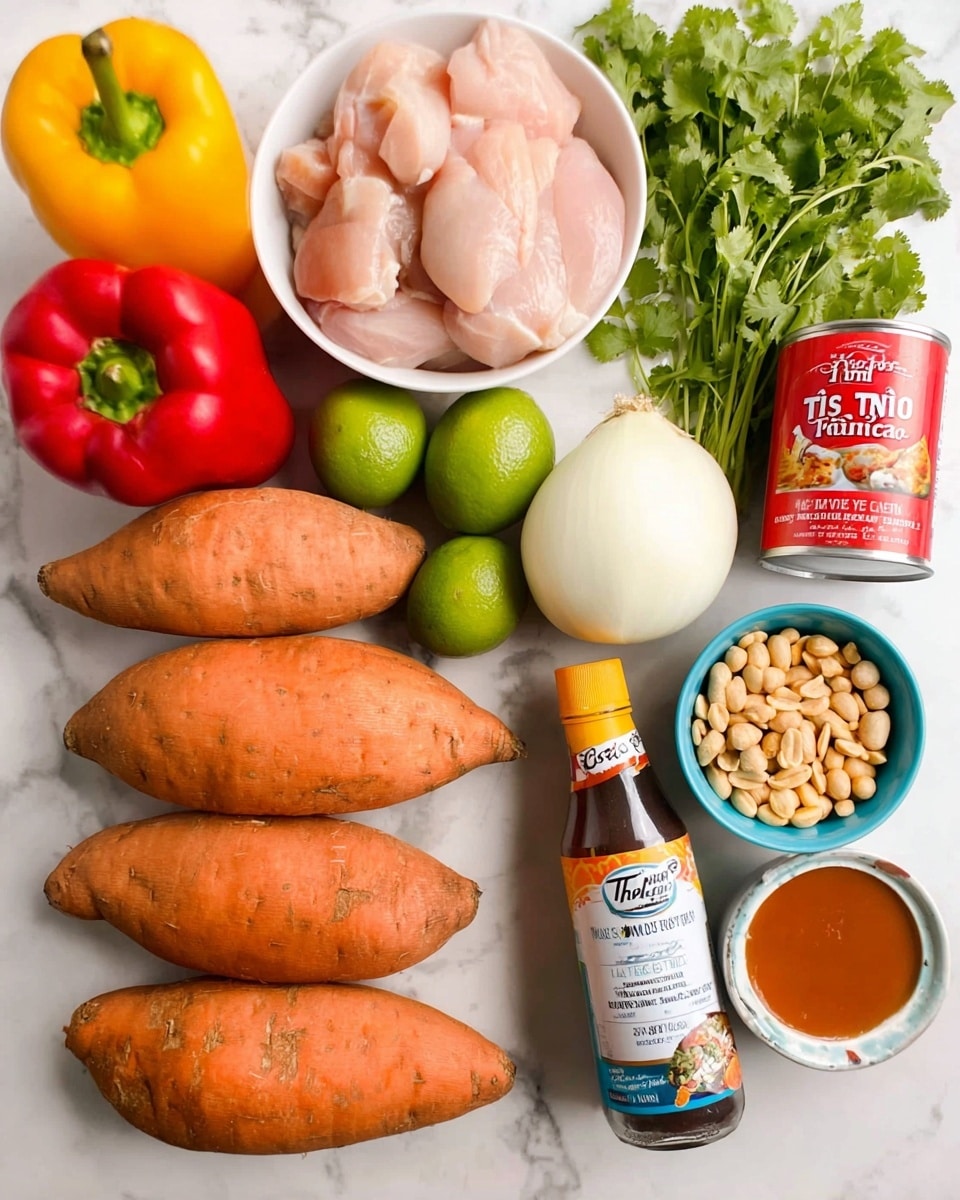 A top-down view of fresh ingredients laid out neatly on a white marbled surface, showing six medium orange sweet potatoes stacked in the center. To the upper left, a yellow bell pepper and a red bell pepper sit side by side, with two green limes next to them. Above the limes is a white bowl filled with raw light pink chicken pieces. To the right of the sweet potatoes, there is a large piece of white onion, a bunch of green cilantro, and a can of red tomato paste. Near the bottom right corner, a bottle of clear fish sauce with a yellow cap stands upright, and next to it is a small blue bowl filled with pale brown peanuts. On the lower left, a small white bowl contains light brown liquid, and above it are two cans: one of Thai coconut milk and one small jar of Thai red curry paste. The colors are vibrant and the textures range from smooth to rough photo taken with an iphone --ar 4:5 --v 7