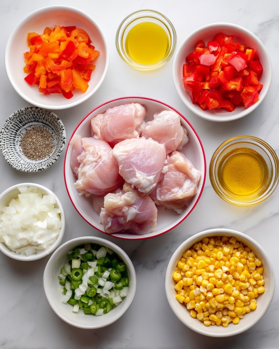 The image shows a collection of ingredients arranged neatly on a white marbled surface. In the center, there is a white bowl with a red rim holding several pieces of pink boneless chicken thighs. Surrounding it are smaller white bowls: one has bright orange-red chopped red bell peppers, another has small white minced garlic pieces, and one more contains a mix of salt and pepper. There is a white bowl with a black spotted rim filled with chopped green chilies, and a small white bowl with thick white heavy cream. Also included are diced white onions in a white bowl, a white bowl filled with bright yellow corn kernels, and a clear glass container with amber chicken broth. Finally, there is a small clear dish with golden-yellow olive oil. All ingredients are clearly visible with bright natural light, photo taken with an iphone --ar 4:5 --v 7