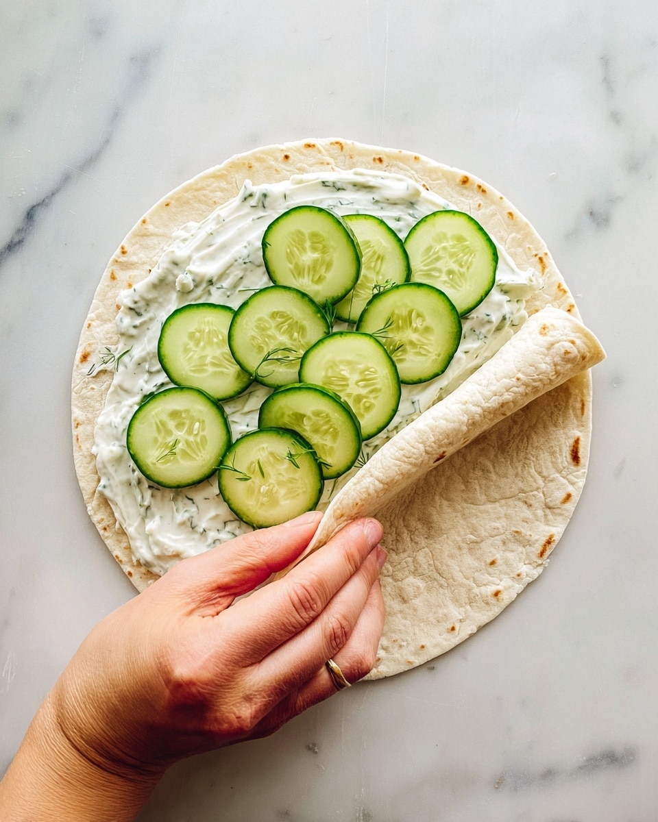 A white tortilla wrap is laid flat on a white marbled surface, spread evenly with a creamy white layer of herb cream cheese that has small green herb flecks. On top, there are two overlapping rows of fresh cucumber slices, bright green with visible seeds and a moist texture. A woman's hand is gently folding the tortilla from the bottom left corner, curling it upward to roll the wrap. The image is clear and bright, showing the fresh and simple ingredients in detail photo taken with an iphone --ar 4:5 --v 7