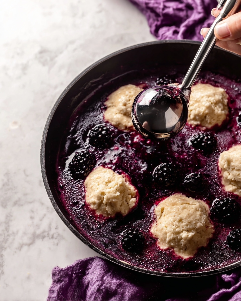 A close-up view of a dark round pan filled with a glossy deep purple blackberry mixture dotted with whole blackberries, showing a bubbling, shiny texture. On top of the blackberry layer, four uneven pale biscuit dollops are placed, with one being added from a shiny metal ice cream scoop held by a woman's hand. Underneath the biscuit, a slight blending of purple juice shows, creating a soft contrast. The pan rests on a white marbled surface with a crumpled purple cloth partially visible in the background. photo taken with an iphone --ar 4:5 --v 7