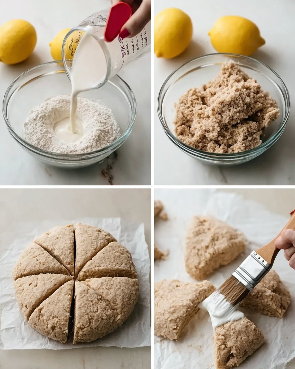 The image is a four-part collage showing the process of making dough. The top left shows white liquid being poured from a glass measuring cup into a clear bowl filled with dry, light brown flour and a red spatula inside. The top right shows the mixed dough in the same bowl, coarse and clumpy with light brown texture. The bottom left shows the formed round dough, light brown and textured, sitting on a white marbled surface, cut into eight equal wedges with a metal tool nearby. The bottom right shows a woman's hand holding a wooden-handled brush, brushing white liquid onto one of the dough wedges placed on white parchment paper. Two whole yellow lemons sit in the background of the top images. Photo taken with an iphone --ar 4:5 --v 7