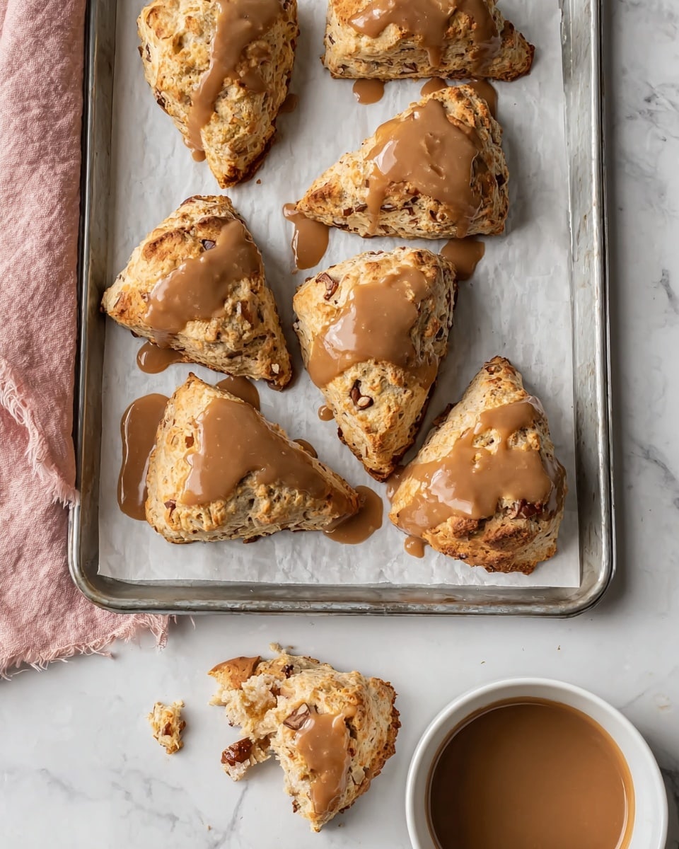 Seven scones are placed on a metal tray lined with white parchment paper, each scone triangular and light brown with small bits of nuts or fruit visible inside. The scones are topped with a thick, darker brown glaze that looks creamy and slightly dripped down the sides. Below the tray on a white marbled surface, there is one whole scone and one broken scone piece, both also covered with the same brown glaze. A white bowl filled with more of the brown glaze is nearby. A pink cloth is on the upper left corner of the tray, resting on the white marbled surface. The photo taken with an iphone --ar 4:5 --v 7
