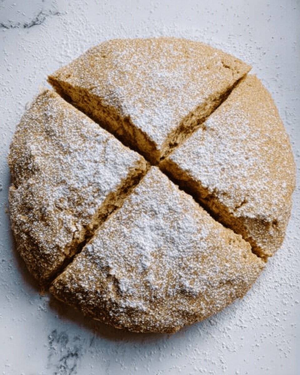 A round, whole cake or bread with a light brown color is shown from above on a white marbled surface. It is dusted with white powdered sugar and has four even cuts going from the center to the edges, dividing it into four equal parts. The texture looks soft but firm with a slightly rough surface. photo taken with an iphone --ar 4:5 --v 7