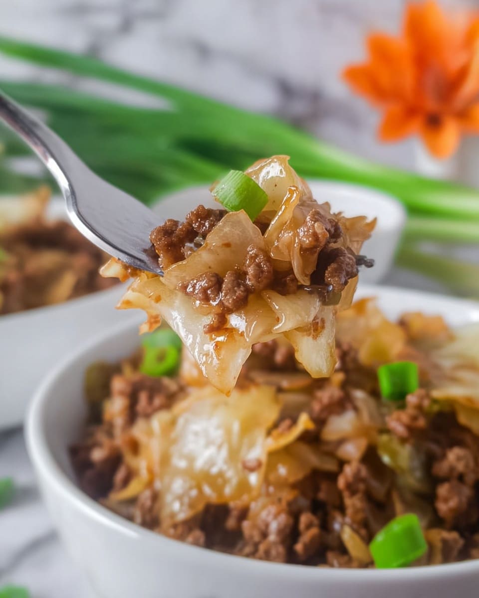 A close-up image shows a fork lifting a portion of a dish from a white bowl filled with cooked minced meat and translucent cabbage layers mixed together. The meat is brown and crumbly with a glossy texture, while the cabbage appears soft and slightly glossy, pale yellow to light brown in color. Small pieces of green onion are sprinkled on top, adding a fresh green color contrast. In the background, there are blurred green onion stalks on a white marbled surface and a hint of an orange flower, with another white bowl filled with the same dish. The photo taken with an iphone --ar 4:5 --v 7