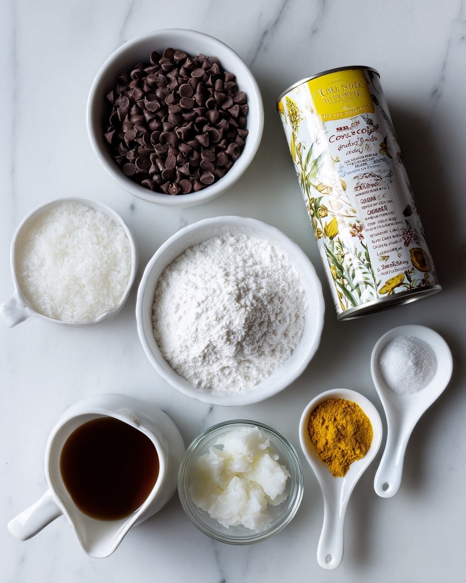 The image shows a white marbled surface with six separate ingredients arranged neatly. On the top left is a white bowl filled with dark brown chocolate chips that have a slightly glossy texture. To the right of it is a white tin can of sweetened condensed oat milk with a yellow and white label decorated with green and brown designs. Below the bowl of chips and slightly to the right is a large white bowl filled to the top with fine powdered sugar, which looks soft and fluffy. Below the powdered sugar bowl is a small clear round container holding white coconut oil with a smooth semi-solid texture. To the left of this is a small white pitcher filled with dark brown vanilla liquid. On the top right side, next to the can, are two small white spoons: one contains bright yellow turmeric powder, and the other holds fine white salt. The background is white marbled texture. Photo taken with an iphone --ar 4:5 --v 7