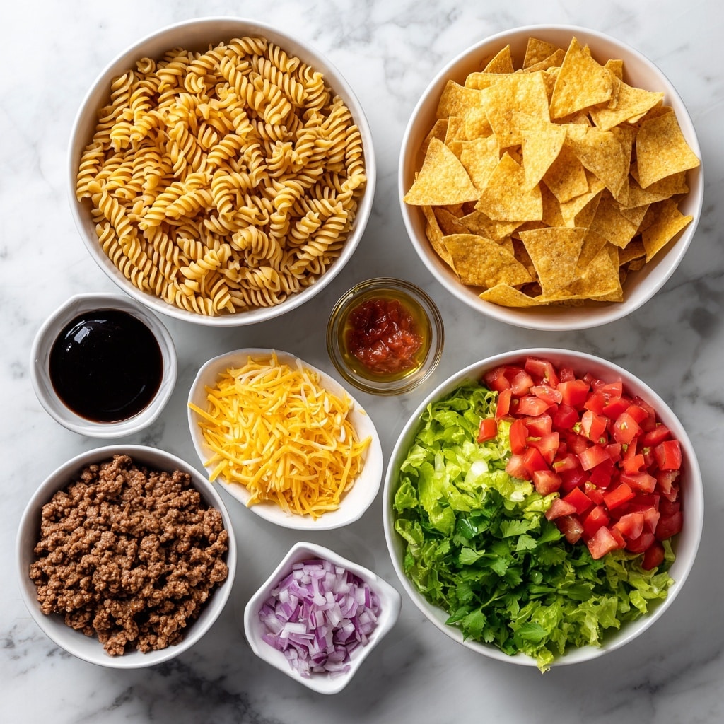 The image shows a wooden bowl filled with a pasta salad made of spiral rotini pasta in a light orange color mixed with ground meat of brown color, bright green chopped lettuce, and halved red cherry tomatoes. There are thin strings of melted cheese stretching from a silver fork holding a bite of pasta mixed with meat, lettuce, a slice of tomato, and a square yellow tortilla chip with seasoning on top. The bowl is on a soft peach cloth with a background of a white marbled texture and blurred elements including a dish with more shredded yellow cheese. Photo taken with an iphone --ar 4:5 --v 7