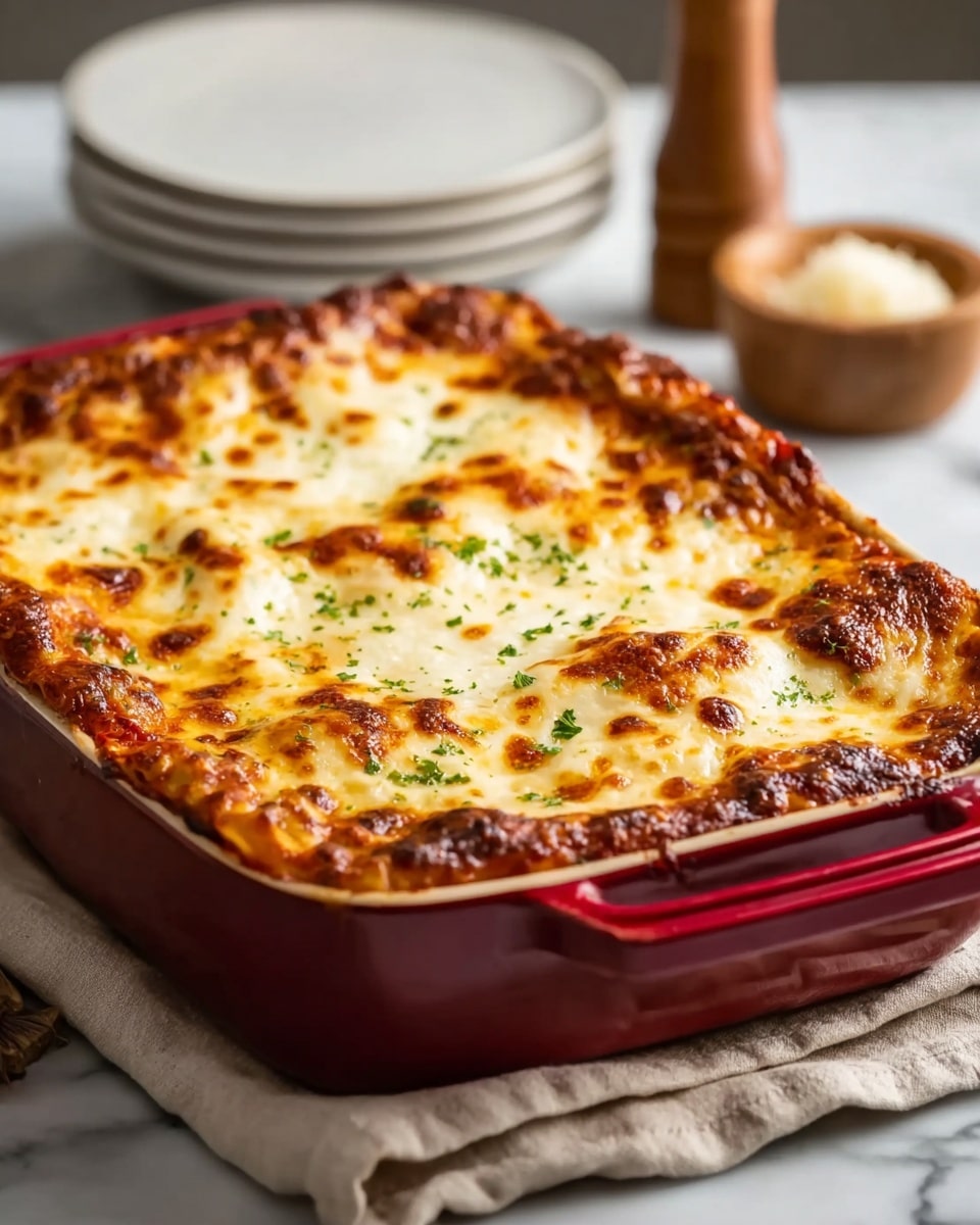 The image shows a freshly baked lasagna in a red baking dish placed on a beige cloth on a white marbled surface. The lasagna has a thick top layer of melted cheese that is golden brown and bubbly with dark golden spots around the edges. The cheese layer is sprinkled with small green herbs. In the background, there is a stack of white plates, a wooden bowl with grated cheese, and a wooden pepper grinder, all softly out of focus. The lighting highlights the rich texture and colors of the melted cheese on the lasagna. Photo taken with an iphone --ar 4:5 --v 7