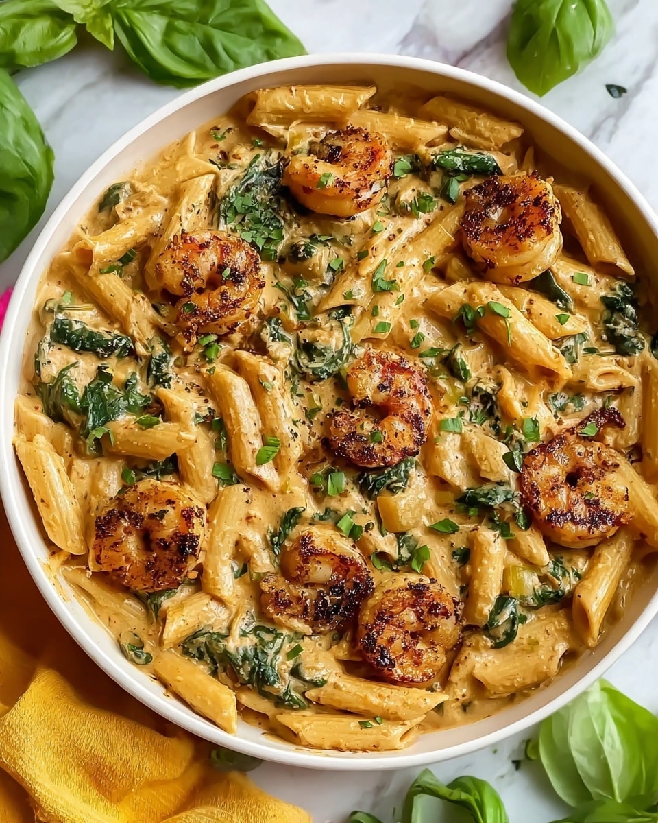 A white bowl filled with creamy pasta made of penne noodles, covered in a smooth light beige sauce with small green herb pieces mixed throughout. On top are four grilled shrimp with a slightly charred, reddish-brown color. Scattered fresh green spinach leaves and small dark specks of seasoning add detail. To the right side inside the bowl is a golden fork resting against the pasta. The bowl sits on a white marbled surface with a yellow cloth partially visible under the bowl’s edge. photo taken with an iphone --ar 4:5 --v 7