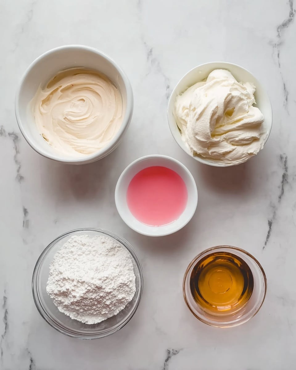 Five bowls are arranged on a white marbled surface. The top left bowl is white and contains a smooth, pale beige cream. The top right bowl is also white and filled with a fluffy, white whipped texture. Below and to the left is a transparent bowl holding a white powdery ingredient. In the center is a small white dish with a bright pink liquid. To the right of this dish is a small clear bowl with a golden-brown liquid inside. photo taken with an iphone --ar 4:5 --v 7