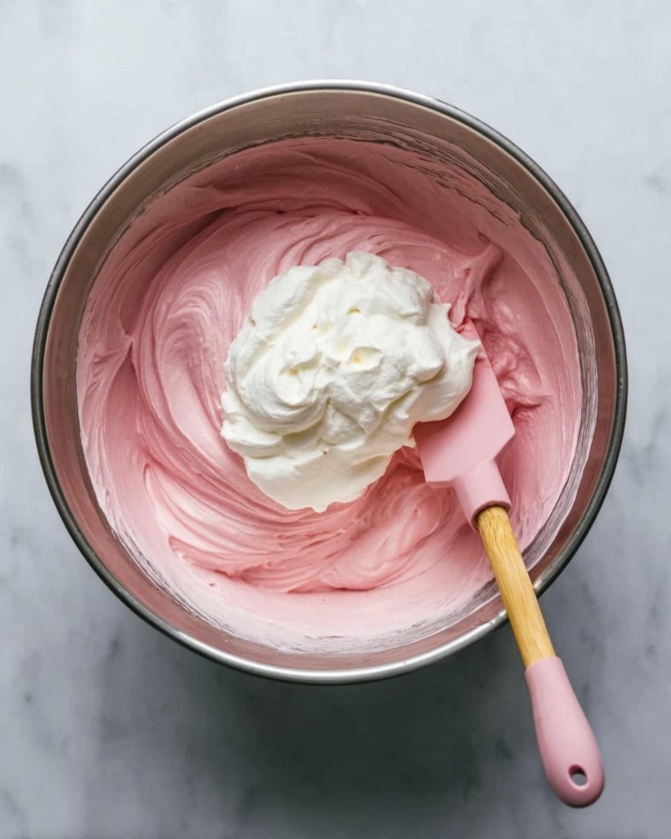 A metal mixing bowl sits on a white marbled surface, filled with a smooth, creamy pink mixture that fills most of the bowl with soft, swirled texture. On top of this pink layer, there is a dollop of white, fluffy cream that has a light, airy texture with soft peaks. A pink spatula with a wooden handle rests on the right side of the bowl, partially submerged in the pink mixture, appearing ready to fold the white cream into the pink base. The overall scene shows a preparation stage of a dessert with two distinct creamy layers. photo taken with an iphone --ar 4:5 --v 7