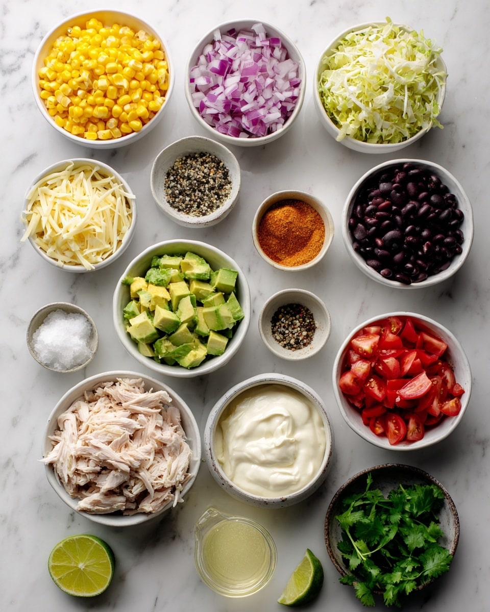 A top-down view of multiple small white bowls arranged on a white marbled surface, each filled with different colorful ingredients: one bowl with bright yellow corn kernels, another with finely chopped red onions, a bowl with green avocado chunks, one with shredded pale cheese, another with black beans, one with shredded light pink chicken, a bowl with diced red tomatoes, a small bowl containing orange taco seasoning powder, and a bowl of creamy white mayonnaise. Additionally, there is a small bowl with white salt, another with dark ground pepper, a bowl of light green cilantro leaves, a bowl with white Greek yogurt, and a small container of light yellow lime juice. The ingredients are neatly placed with clear spacing between bowls. photo taken with an iphone --ar 4:5 --v 7