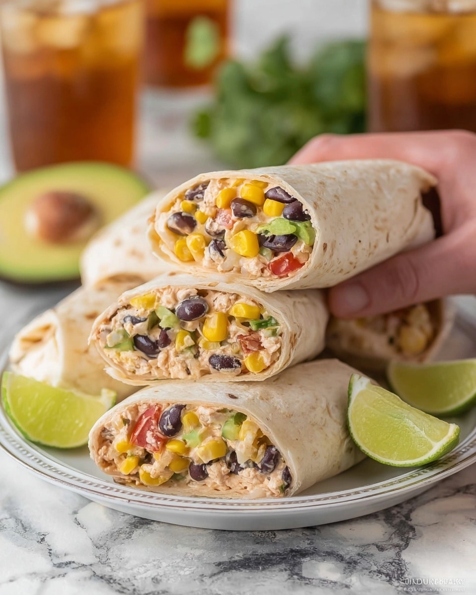 A close-up of four wraps on a white plate, each with a soft, light tan tortilla. The wraps are cut in half showing three layers inside; a creamy light beige spread mixed with bright yellow corn kernels, dark black beans, chunks of green avocado, and pieces of red tomato. The wraps are stacked on top of each other with slices of fresh lime and an avocado half in the background on a white marbled surface. A woman's hand is holding one wrap from the back, and two glasses of iced tea are visible in the blurred background. Photo taken with an iphone --ar 4:5 --v 7