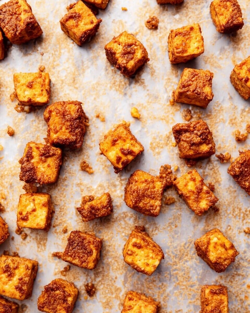 The image shows small, square pieces of crispy, golden-brown fried tofu spread out across a baking sheet with a light brown, textured surface. The tofu pieces have an uneven, crunchy exterior with some darker, slightly burnt spots around the edges and scattered crumbs between them. The background is a white marbled texture, keeping the focus on the crispy tofu cubes. photo taken with an iphone --ar 4:5 --v 7