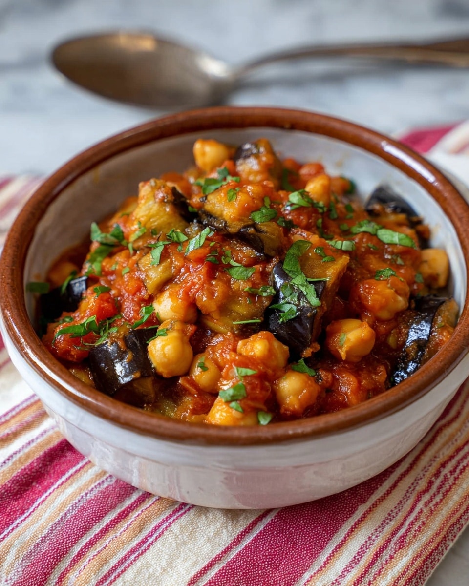 A large round blue pot holds a dish with three main visual parts. The base is a bright red tomato sauce that covers the bottom of the pot. On the upper right side, there is a thick layer of light beige chickpeas piled neatly. On the upper left side, there is a pile of cubed, brownish-purple eggplant pieces showing some cooked char marks. The pot sits on a wooden surface with a white marbled texture background. Photo taken with an iphone --ar 4:5 --v 7