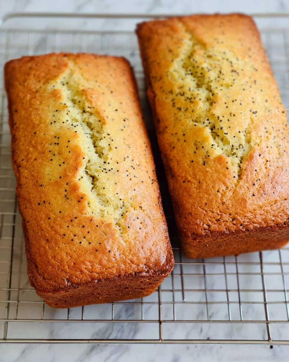 Two small light brown loaf cakes are sitting on a metal cooling rack. The tops of the cakes are cracked lightly with a soft golden color and sprinkled with small black dots, showing specks of seasoning throughout. The sides are slightly darker brown with the same black specks. The surface beneath the cooling rack is a white marbled texture. photo taken with an iphone --ar 4:5 --v 7
