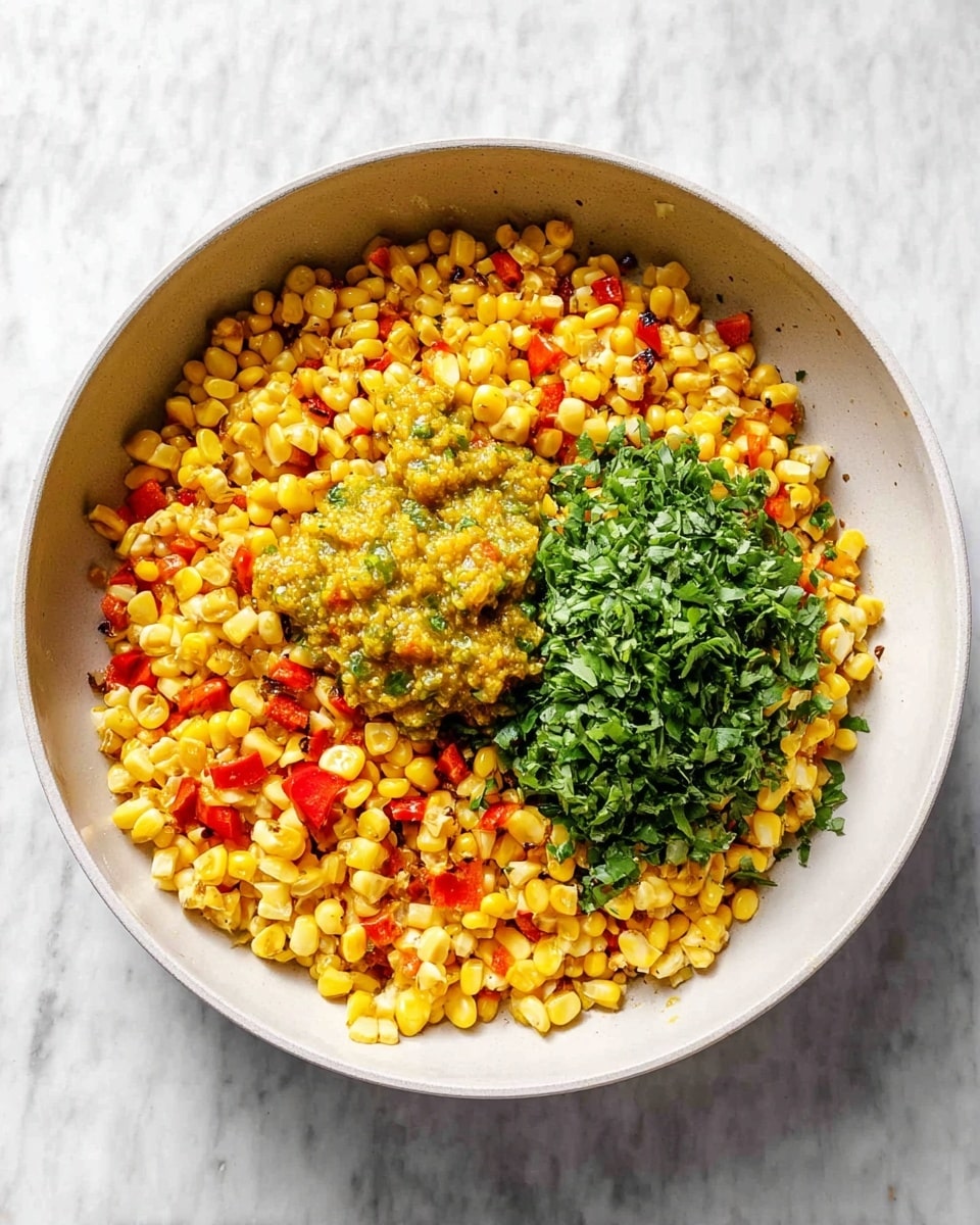 In a white pan on a white marbled surface, there is one layer of cooked corn kernels mixed with small pieces of red bell pepper, all lightly browned and seasoned. On top of this layer, there are two distinct piles: one with a chunky yellow-green sauce in the center and another with fresh chopped green herbs just below it. The combination of bright yellow, red, and green colors creates a vibrant and fresh look photo taken with an iphone --ar 4:5 --v 7