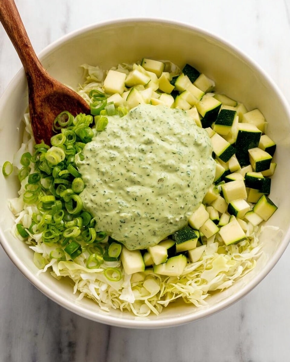 A white bowl on a white marbled surface filled with three main layers. The bottom layer is shredded pale green cabbage covering the base. On top of that, there are small, uneven cubes of fresh green zucchini and thinly sliced green onions arranged around the bowl. In the center, a thick dollop of green creamy sauce with small herbs is placed, slightly covering some of the veggies. A wooden spoon rests inside the bowl, touching the ingredients. Photo taken with an iphone --ar 4:5 --v 7