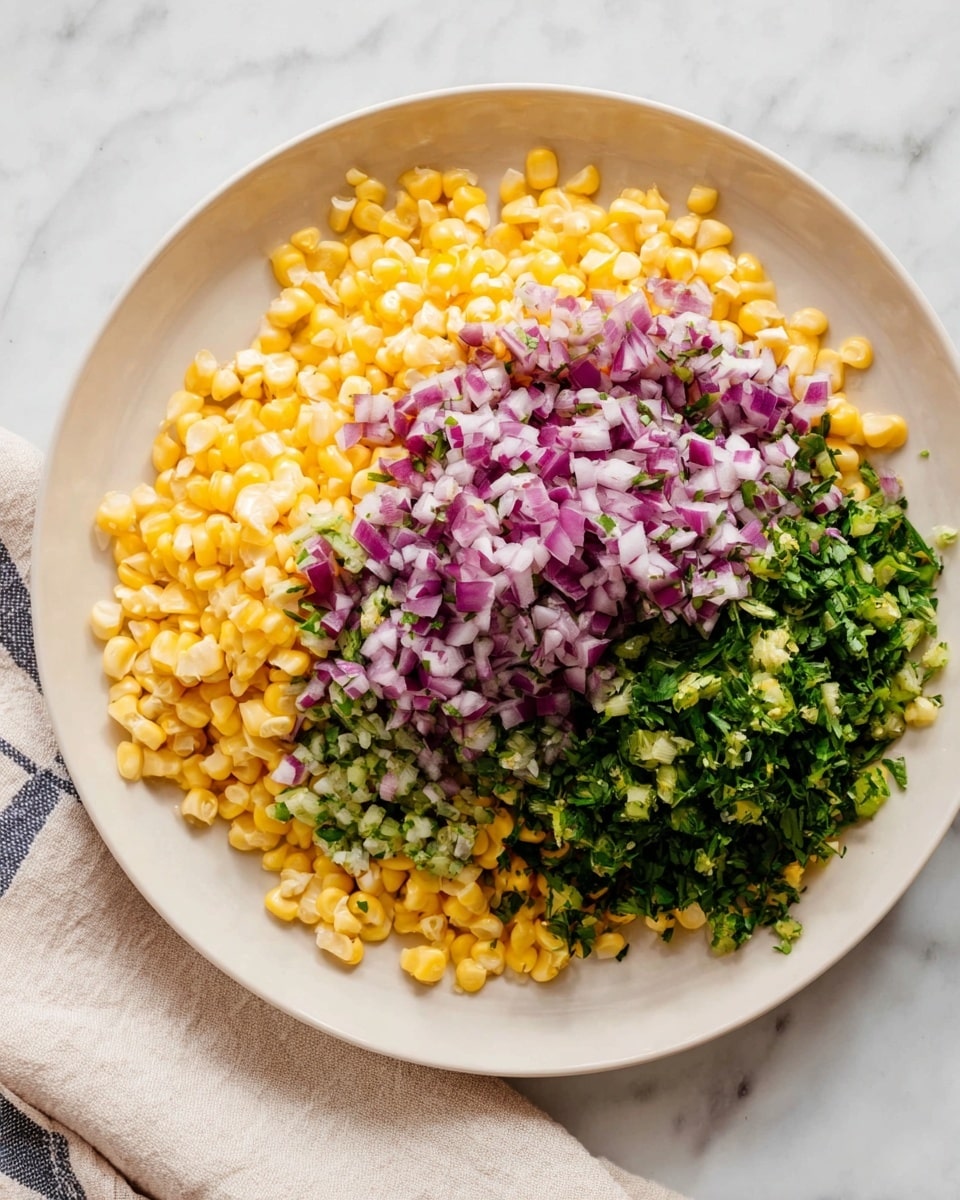 A white plate holds a colorful mix of ingredients arranged in layers: the bottom layer is bright yellow corn kernels, on top of which is a pile of finely chopped red onion with a purple and white color. Scattered over the onion are small pieces of green herbs and chopped green chili. The plate sits on a white marbled surface with a striped cloth partially visible under it. The photo taken with an iphone --ar 4:5 --v 7