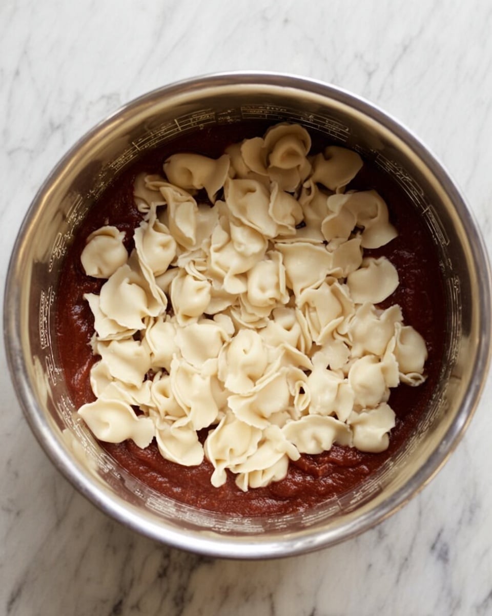 Inside a metal pot, there is one layer of dark red sauce at the bottom with a smooth texture. On top of the sauce, there is one layer of small, folded pasta pieces that are off-white in color and have a soft, slightly shiny surface. The pasta pieces are spread evenly across the sauce. The pot's inside wall is visible, showing measurement markings. The setting is on a white marbled surface. photo taken with an iphone --ar 4:5 --v 7
