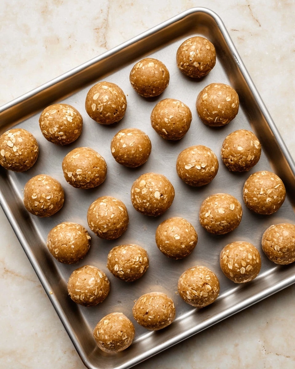 The image shows a metal baking tray filled with 20 round, light brown cookie dough balls arranged neatly in rows. Each dough ball has a slightly uneven texture with small oat flakes visible, giving them a rough but soft look. The tray sits on a white marbled surface, and the dough balls are spaced evenly apart, ready for baking. photo taken with an iphone --ar 4:5 --v 7