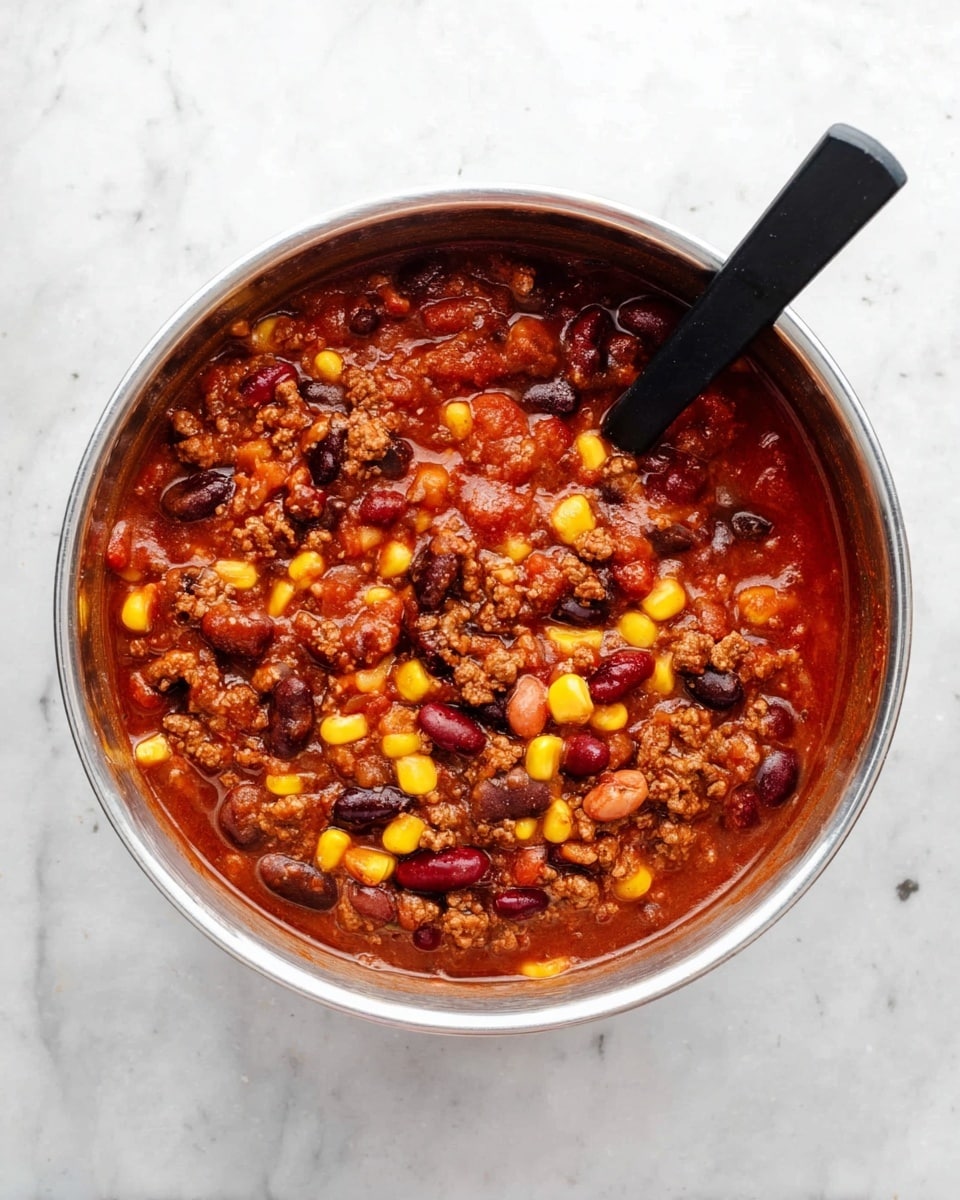 A metal bowl filled with a thick, chunky chili. The chili has a rich red sauce base with visible pieces of browned ground meat scattered throughout. Mixed into the chili are bright yellow corn kernels, light brown pinto beans, and darker black beans, giving it a colorful, textured look. A black spoon handle is placed inside the bowl, resting on the left side. The bowl sits on a white marbled surface. photo taken with an iphone --ar 4:5 --v 7