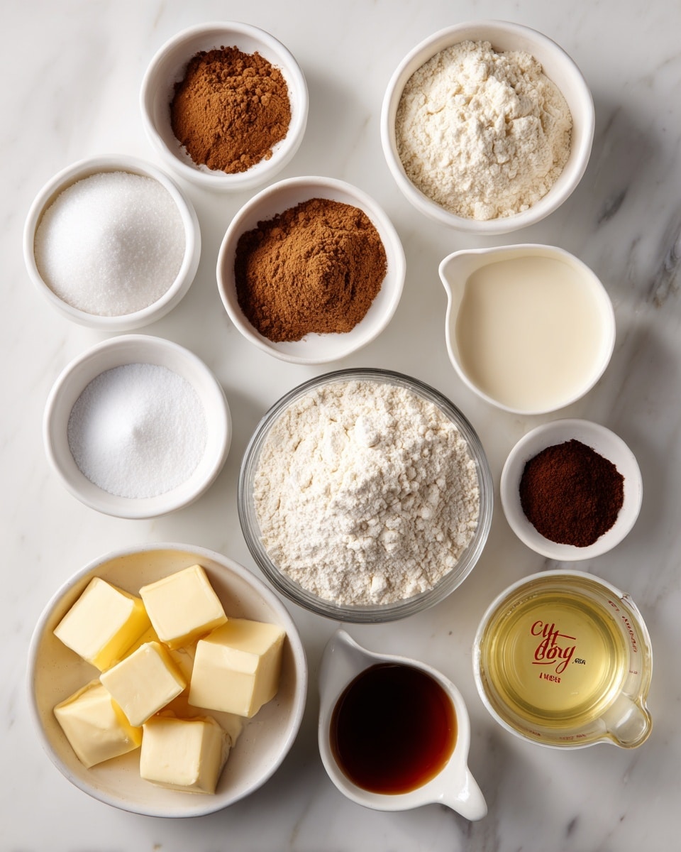 The image shows a flat lay of 12 small white bowls and a clear glass bowl with various baking ingredients arranged on a white marbled surface. At the top center, there are two small white bowls with ground cinnamon and nutmeg, both brown powders with a slightly rough texture. Below them, a larger clear glass bowl holds white all-purpose flour with a powdery texture. To the left of this, a small white bowl contains white granulated sugar, and below it, another small white bowl has white baking soda. Next to the baking soda, a small white bowl holds a dark brown liquid, vanilla. Below the flour, a medium white bowl is filled with powdered sugar, fine and fluffy. To the right of the flour, a small white bowl contains a smooth off-white liquid, eggnog. Above it, another small white bowl has three chunks of pale yellow unsalted butter with a soft texture. Between the eggnog and powdered sugar, a small white bowl holds salt, fine and white. Near the bottom right, a small white bowl contains crushed dark brown chai tea powder. At the right side, a clear measuring cup is filled with light yellow vegetable oil, shiny and smooth. Finally, near the center above, a small white bowl contains one cracked egg with a bright yellow yolk and clear egg white. Each container is neatly placed in a loose circle. Photo taken with an iphone --ar 4:5 --v 7