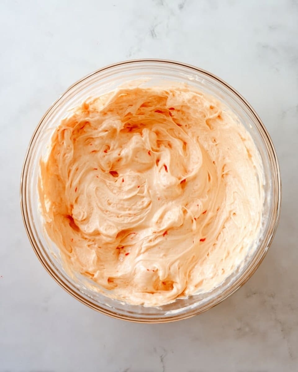 A clear glass bowl filled with smooth, creamy light orange mixture that has some small red streaks and soft peaks visible on the surface. The bowl is placed on a white marbled surface, and the texture of the mixture looks thick and fluffy, with slight swirls and gentle folds all around. photo taken with an iphone --ar 4:5 --v 7