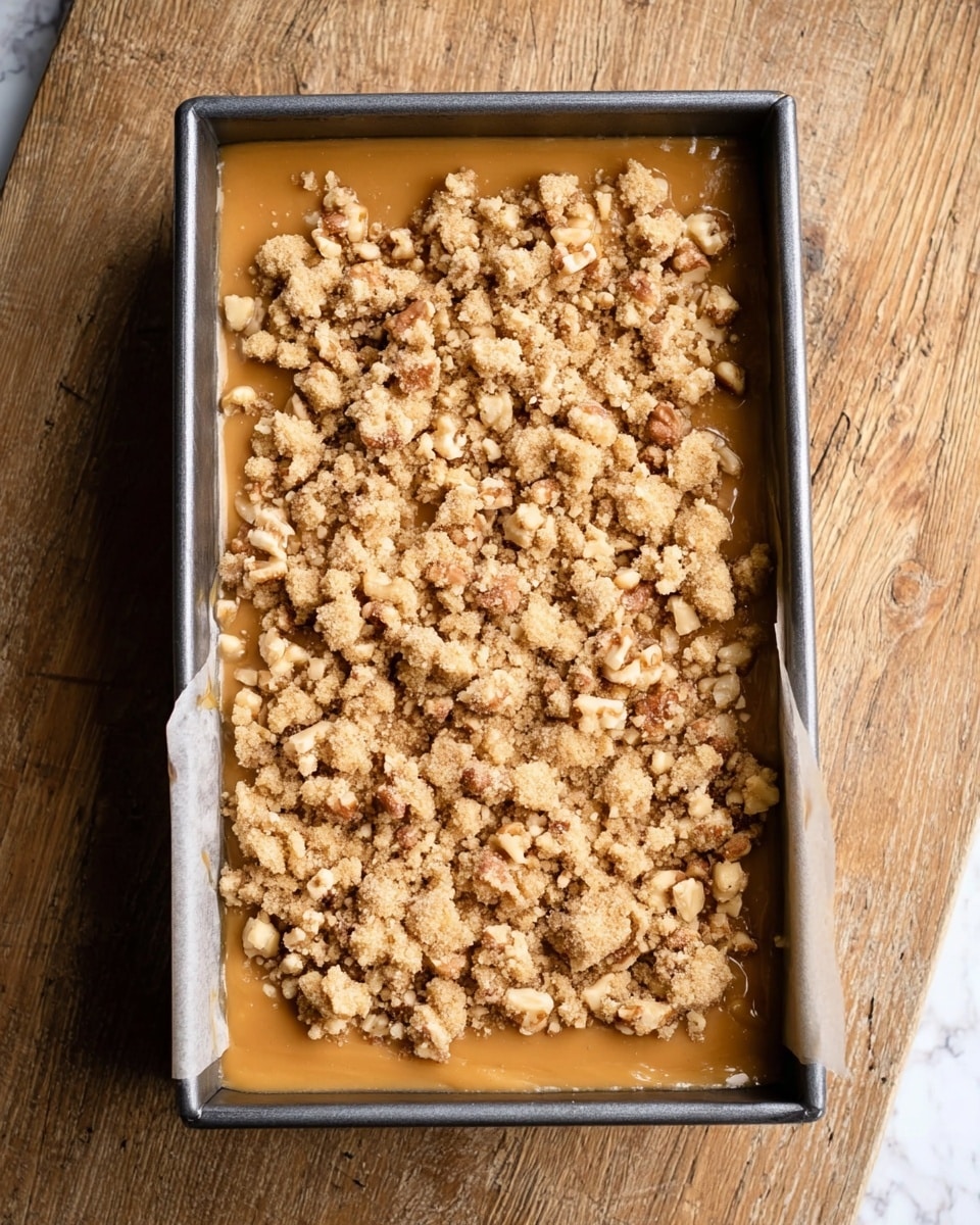The image shows a rectangular metal baking pan lined with paper holding a dessert before baking. The dessert has two visible layers: the bottom layer is caramel-colored and smooth, filling the pan almost to the top, while the top layer is crumbly and light brown with chunks of nuts mixed in, scattered unevenly across the surface. The pan sits on a wooden surface, but the background is changed to a white marbled texture. photo taken with an iphone --ar 4:5 --v 7