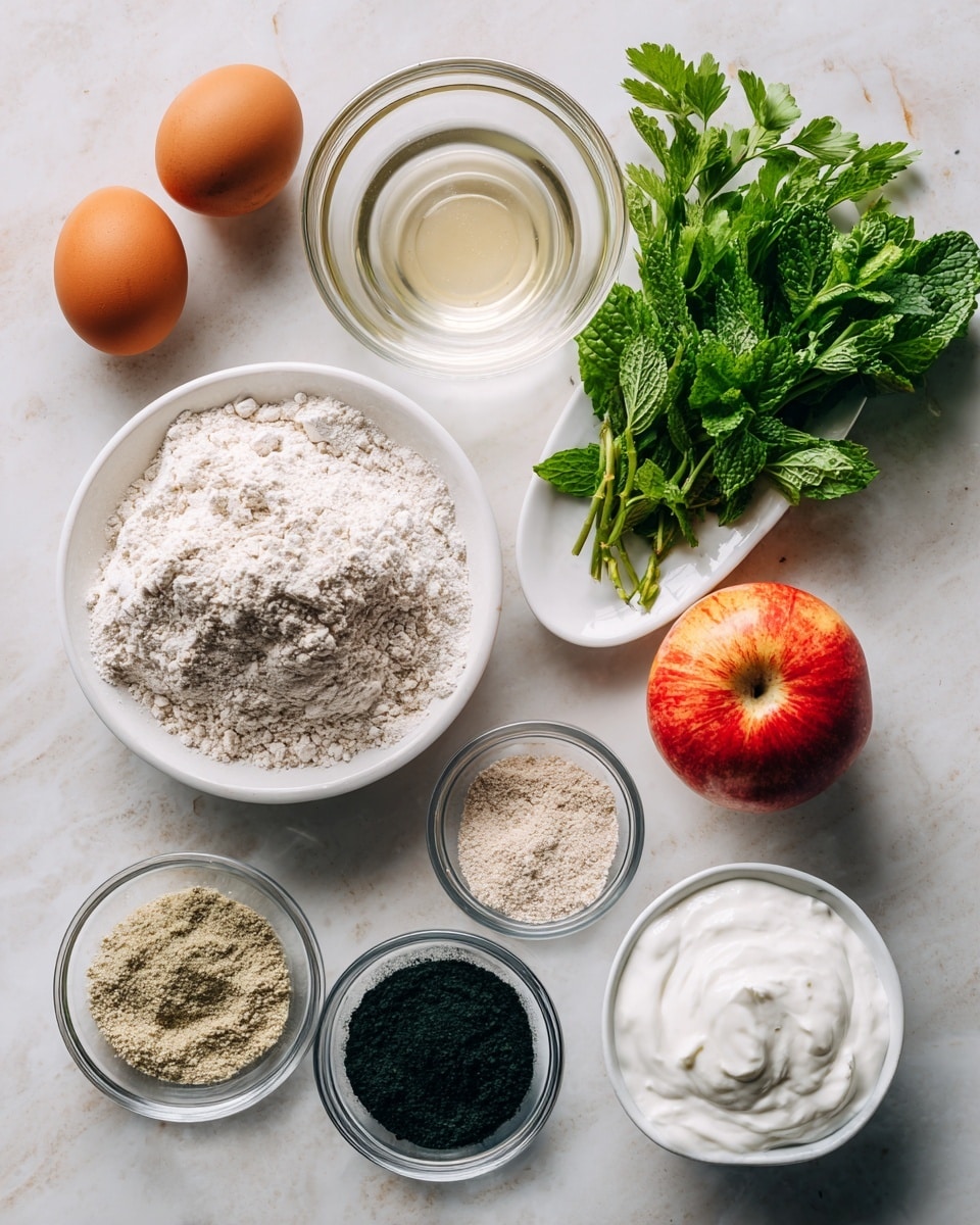 The image shows various ingredients neatly arranged on a white marbled surface. There are two large brown eggs on the top left, below them a clear glass bowl with unrefined coconut oil, and next to it a white bowl filled with fine brown rice flour at the bottom left. In the middle near the top is a red and yellow apple. To its right, a white plate holds fresh green parsley and mint leaves. Below the apple and greens, there are three small glass bowls lined up horizontally: one with light beige brewer yeast powder, another with dark green spirulina powder, and the last with fine black activated charcoal powder. On the bottom right sits a white bowl full of thick plain yogurt. All the ingredients are labeled with bold black and white text above or below each item. The photo is taken with an iphone --ar 4:5 --v 7
