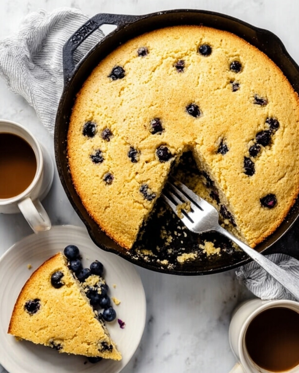 The image shows a round golden cornbread baked in a black cast iron skillet with a slice missing, revealing a soft inside with scattered dark blueberries. The surface of the cornbread is slightly cracked and has a rough, crumbly texture. A silver fork rests inside the skillet near the missing slice. Next to the skillet, on a white plate, is the removed slice with visible blueberries, and beside it, a woman's hand is holding the plate. Two white cups filled with coffee sit near the plate, all placed on a white marbled surface. photo taken with an iphone --ar 4:5 --v 7