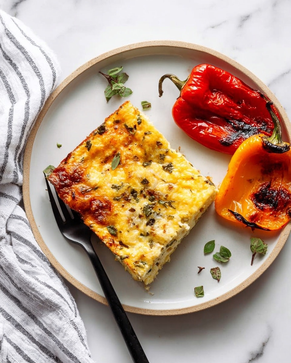 A white plate sits on a white marbled surface holding a rectangular slice of baked egg dish, golden brown and slightly crispy on top with visible bits of herbs scattered across its surface. Next to it are two roasted peppers, one red and one orange, charred slightly with darkened skin and some green herbs on top. A black fork rests beside the egg dish, and small green herb pieces are on the plate near the food. A cloth with white and grey stripes is partially visible on the left edge of the image. photo taken with an iphone --ar 4:5 --v 7