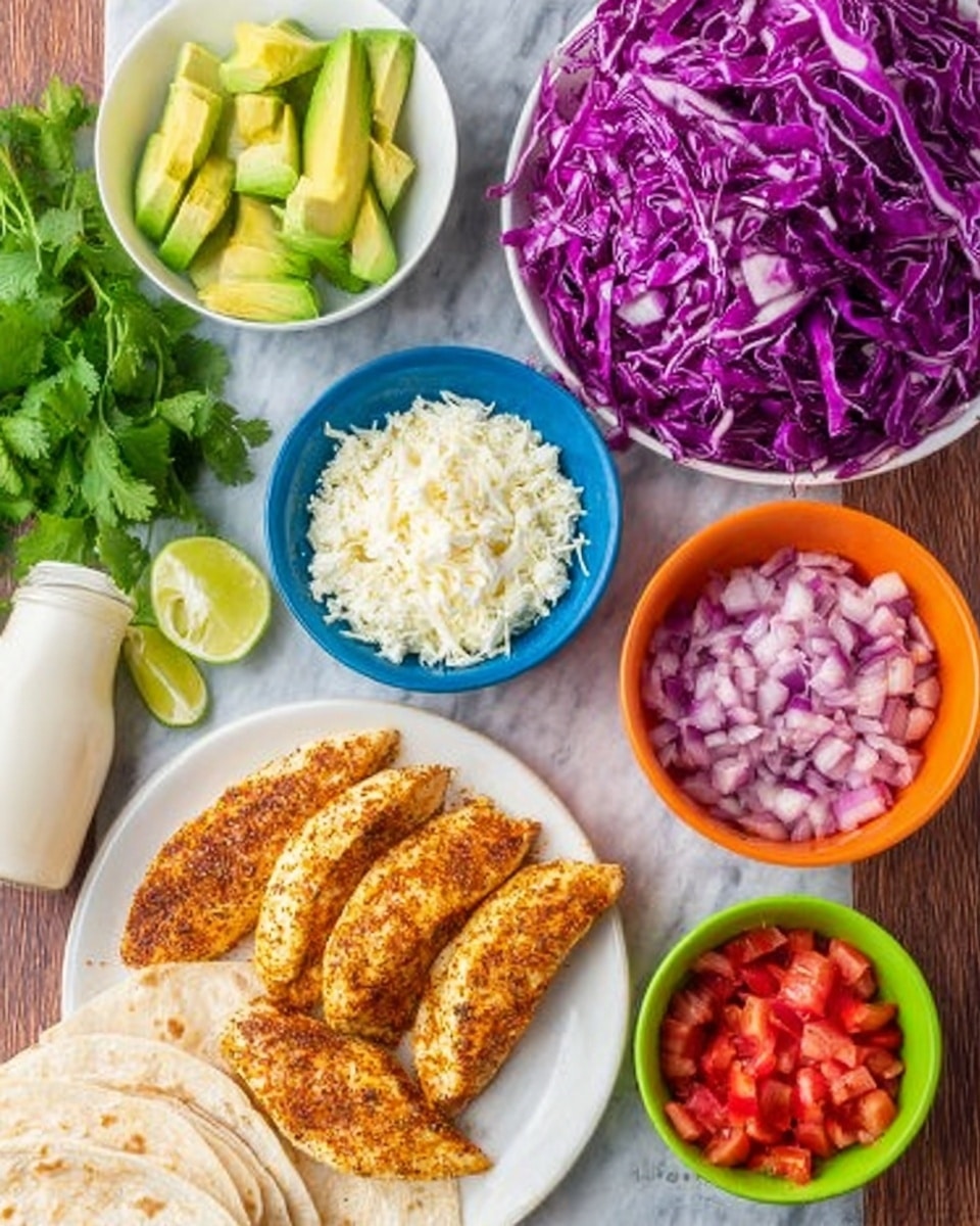 The image shows a white plate with five pieces of seasoned, cooked chicken fillets placed in a fan shape on the lower left side. Surrounding the plate are various small bowls and food items arranged on a white marbled surface. On the top right is a large pile of shredded purple cabbage. To the left of the cabbage, a blue bowl holds sliced avocado pieces. Below the avocado is an orange bowl filled with white crumbly cheese, and next to it on the right is a green bowl containing chopped red onions. Bright green cilantro leaves are spread near the bowls. Below the cilantro, there are three soft flour tortillas stacked on each other. On the lower right corner, a small white bowl contains diced red tomatoes with green bits. On the far left, lime wedges and a squeeze bottle of white sauce are placed near the edge. The colors are vibrant with natural textures of fresh vegetables, soft tortillas, and cooked chicken visible. Photo taken with an iphone --ar 4:5 --v 7