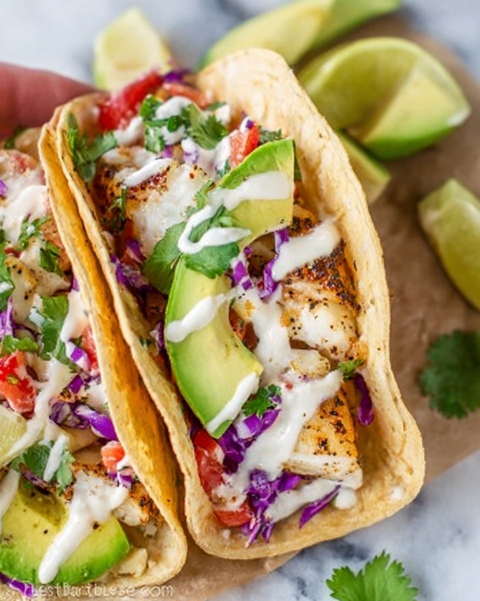 The image shows two soft tacos placed close together on a white marbled surface. Each taco has a light golden-brown tortilla folded to hold the filling. The first layer inside the tortilla is grilled white fish with a slightly charred texture. On top of the fish, there is a mix of finely chopped red cabbage and diced tomatoes, adding purple and red colors. Green slices of avocado and fresh cilantro leaves are scattered over the filling. A white creamy sauce is drizzled generously across the top, adding a smooth texture. To the side, there are lime wedges and additional avocado pieces. The scene is bright and fresh, with a woman's hand gently holding one taco. Photo taken with an iphone --ar 4:5 --v 7