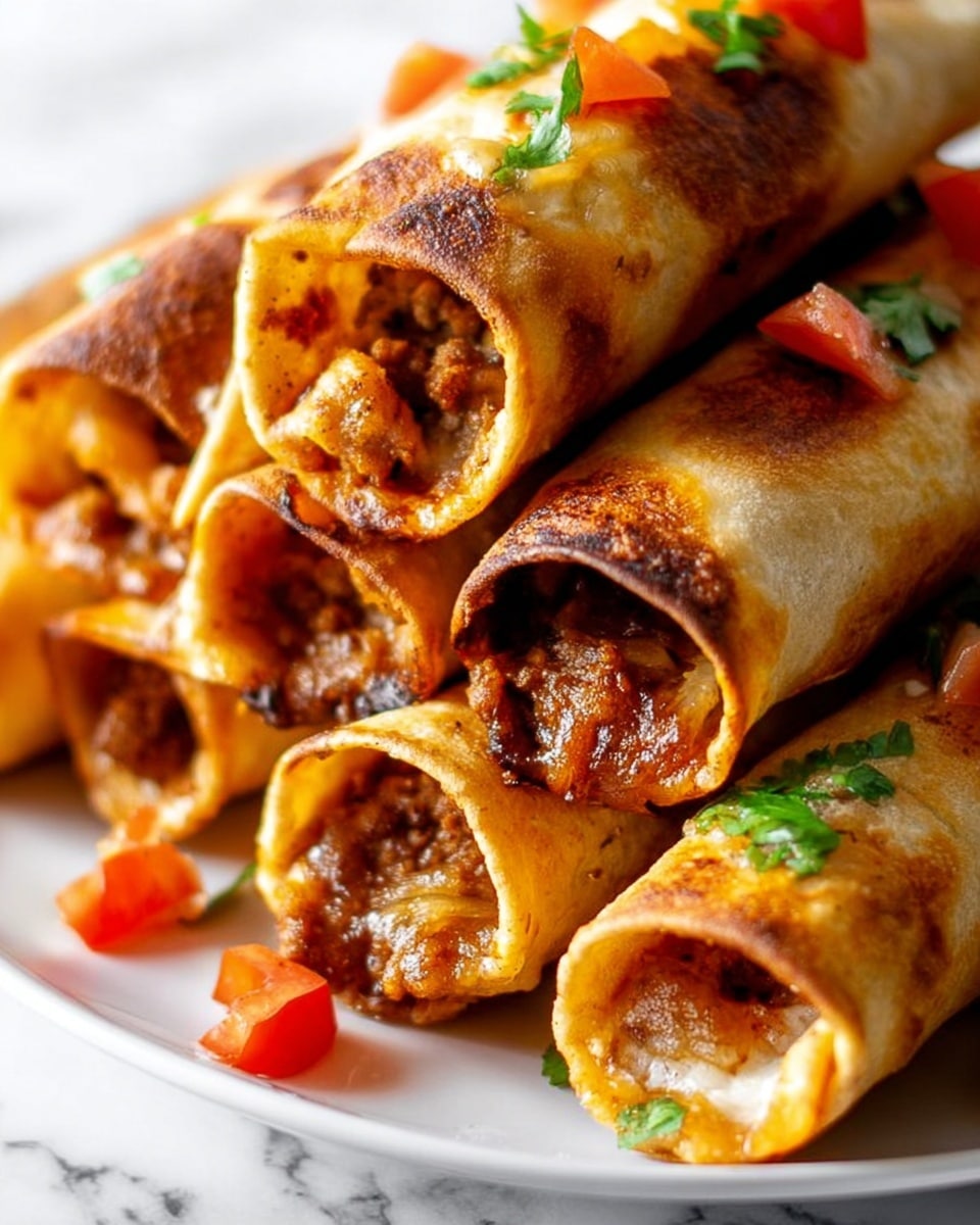 The image shows a close-up of several rolled tacos stacked on a white plate, each taco having a golden brown, crisp outer layer with some darker toasted spots. Inside the tacos, there is a textured filling that looks like cooked meat mixed with melted cheese, visible at the open ends. Small pieces of fresh diced tomato and green herbs are placed on top of some tacos as garnish, adding touches of red and green color. The background features a clean white marbled surface, enhancing the warm tones of the tacos in the foreground. Photo taken with an iphone --ar 4:5 --v 7