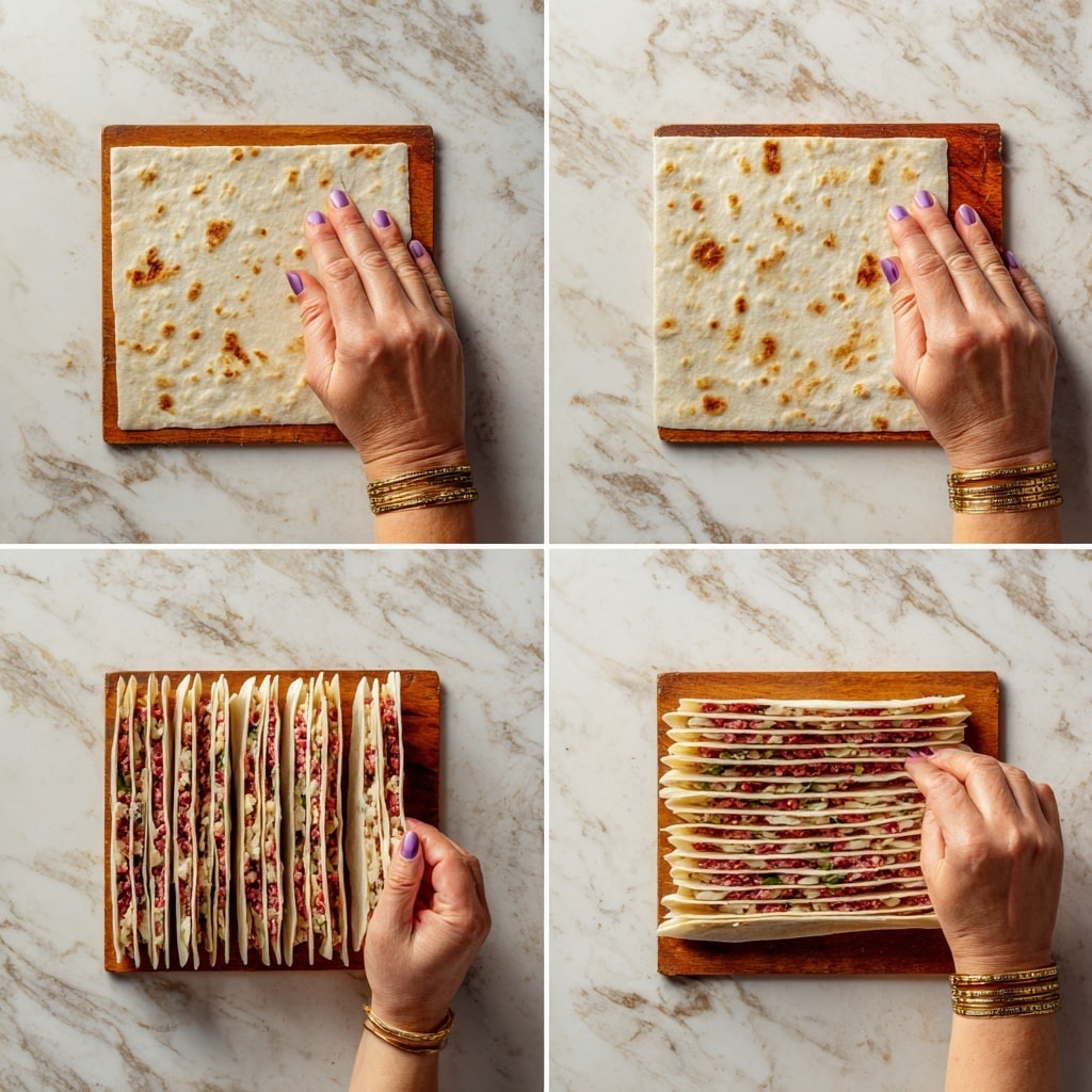 The image shows four steps of preparing a layered meat and flatbread dish on a wooden background turned into white marbled texture. The first step displays a square flatbread with light brown spots, being pressed flat by a woman's hand with light purple nails and gold bracelets in the center. The second step shows the flatbread evenly sliced into four vertical strips, revealing a red meat mixture with small bits of green and orange inside. The third step displays the strips separated, with the red meat mixture visible between thin layers of flatbread, and a woman's hand gently lifting one strip from the right side. The fourth step shows the layering of multiple strips stacked together in two rows, with visible layers of red meat mixture and flatbread, and a woman's hand holding one edge near the bottom right corner. Photo taken with an iphone --ar 4:5 --v 7