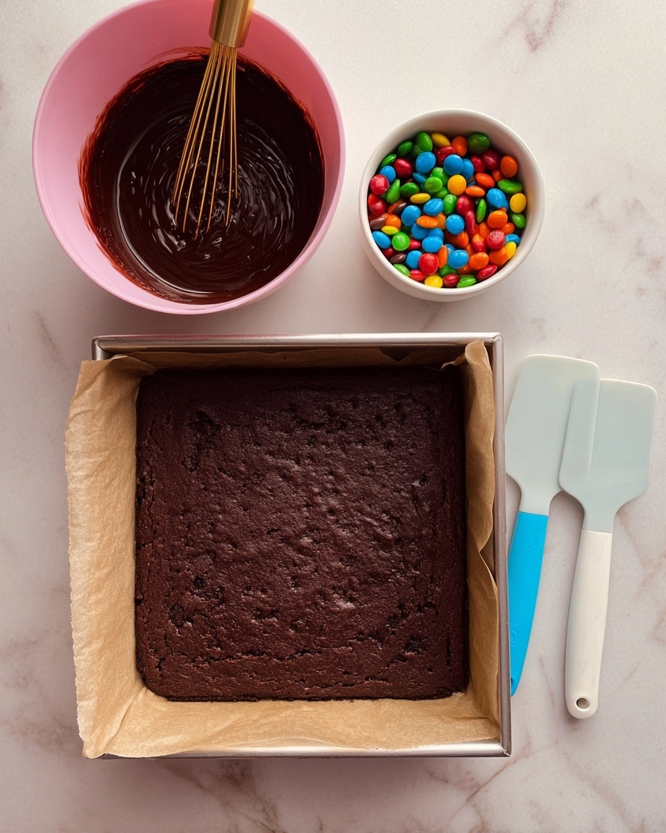 A square metal pan lined with parchment holds a rich, dark brown baked brownie layer with a slightly rough texture and some small uneven spots. Above it, on a white marbled surface, there is a pink mixing bowl filled with smooth, glossy dark chocolate-like batter with a gold whisk inside. Next to it, a small white bowl is filled with colorful candy-coated chocolate pieces in bright blue, green, red, orange, and yellow. To the right of the pan, two silicone spatulas, one white and one blue, rest on the surface. Photo taken with an iphone --ar 4:5 --v 7