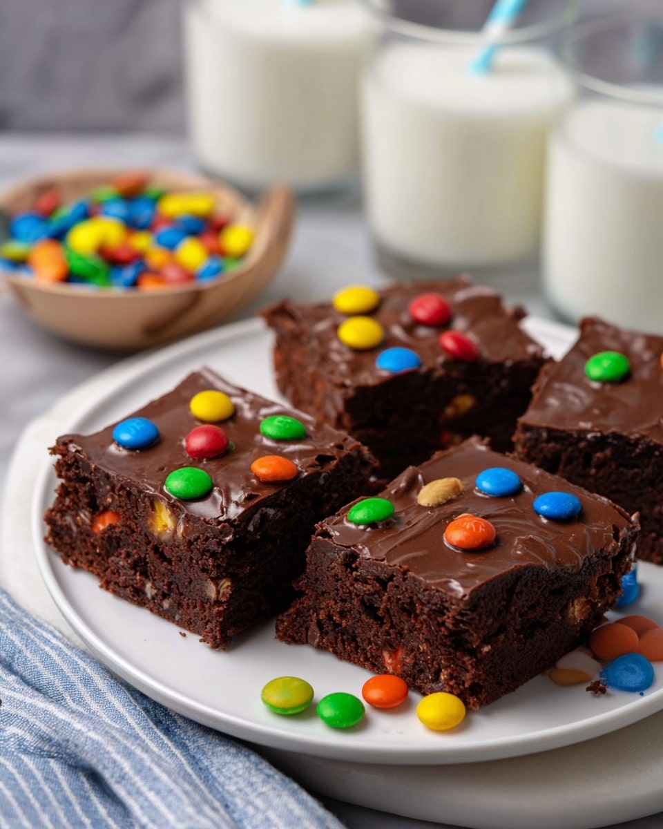 Four square brownie pieces sit close together on a white plate, each topped with a smooth, shiny layer of dark chocolate frosting decorated with red, green, blue, yellow, and orange candy pieces scattered unevenly on top and around the plate. The brownies show a thick, moist, and dense texture with bits of chocolate visible inside. In the background, a small bowl filled with colorful candies sits on a white marbled surface, accompanied by three glass cups filled with milk and blue-and-white striped straws, softly blurred to keep focus on the brownies. photo taken with an iphone --ar 4:5 --v 7