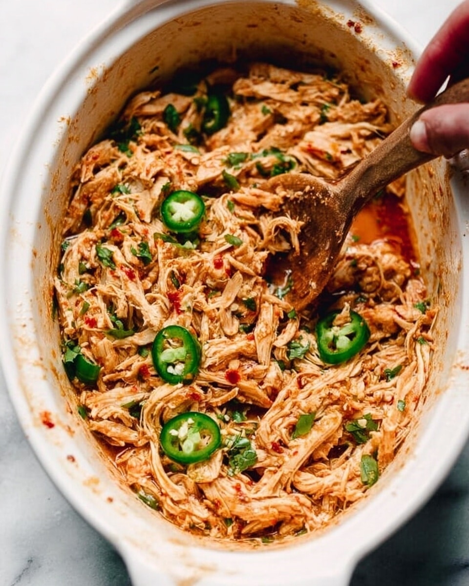 A white oval dish filled with shredded chicken mixed in a light brown sauce with visible bits of red seasoning and small green herb pieces scattered throughout. Several slices of green jalapeño peppers are spread over the top, adding texture and color contrast. A wooden spoon is partially dipped into the mixture, held by a woman's hand, blending the ingredients softly. The inside of the dish shows some splashes of sauce on the sides, creating a casual, homemade look. The background features a white marbled surface. photo taken with an iphone --ar 4:5 --v 7