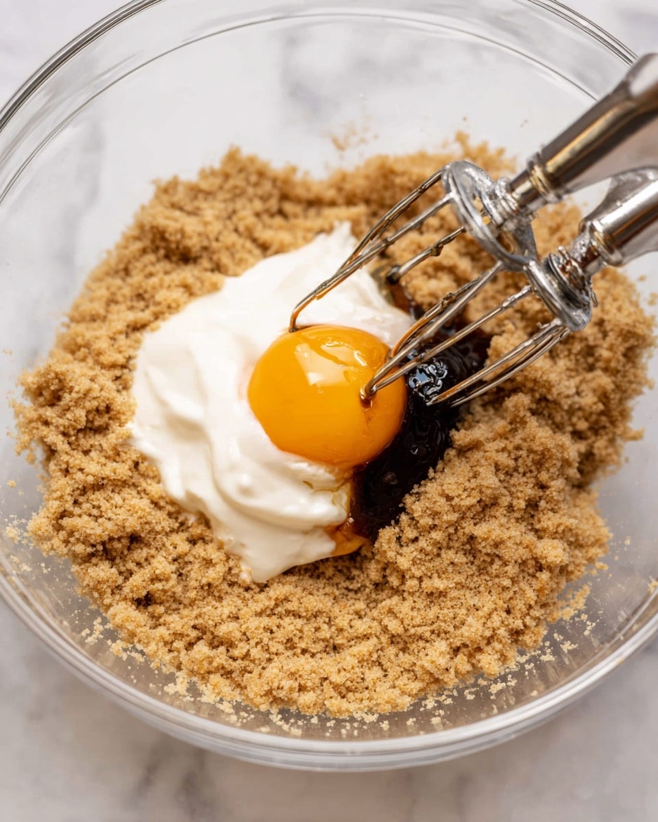 The image shows a close-up view of a clear glass bowl sitting on a white marbled surface, filled with a crumbly light brown mix spread evenly at the bottom. On top of this mix, there is a bright orange egg yolk resting near a dollop of thick white cream or yogurt, and a small amount of dark brown liquid, possibly vanilla extract. Two shiny metallic beaters from an electric mixer are inserted into the bowl, positioned above the yolk and cream, ready to mix the ingredients together. photo taken with an iphone --ar 4:5 --v 7