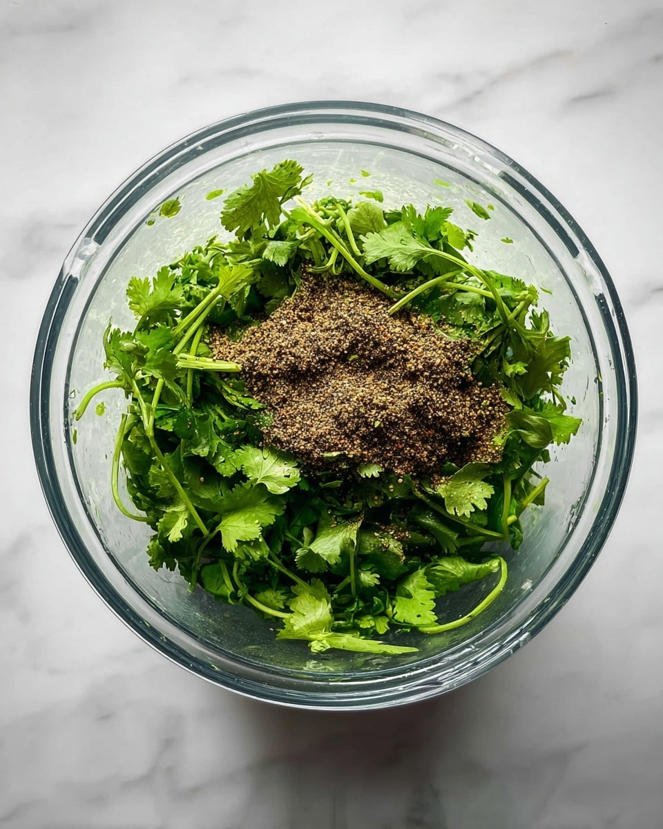A clear glass blender bowl is filled with bright green fresh cilantro leaves and stems scattered evenly. On top, there is a pile of coarse brown dried spices adding texture contrast. The bowl is placed on a white marbled surface, showing the mixture clearly from above. Photo taken with an iphone --ar 4:5 --v 7