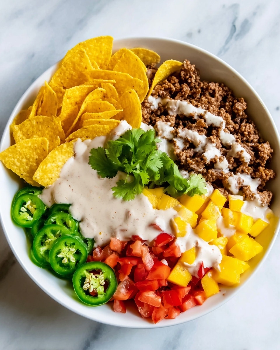 A white bowl on a white marbled surface holds a colorful layered dish. At the top left are round yellow tortilla chips, slightly stacked. Below the chips is a layer of ground meat mixed with spices, dark brown and crumbly. To the right of the meat is a bright yellow layer of diced mango, neatly piled. Below the mango are small red diced tomatoes. Along the bottom left edge are thick slices of green jalapeno peppers with seeds visible. A creamy white sauce is drizzled over the meat, mango, and tomato layers, adding texture. A sprig of fresh green cilantro is placed near the mango. Photo taken with an iphone --ar 4:5 --v 7