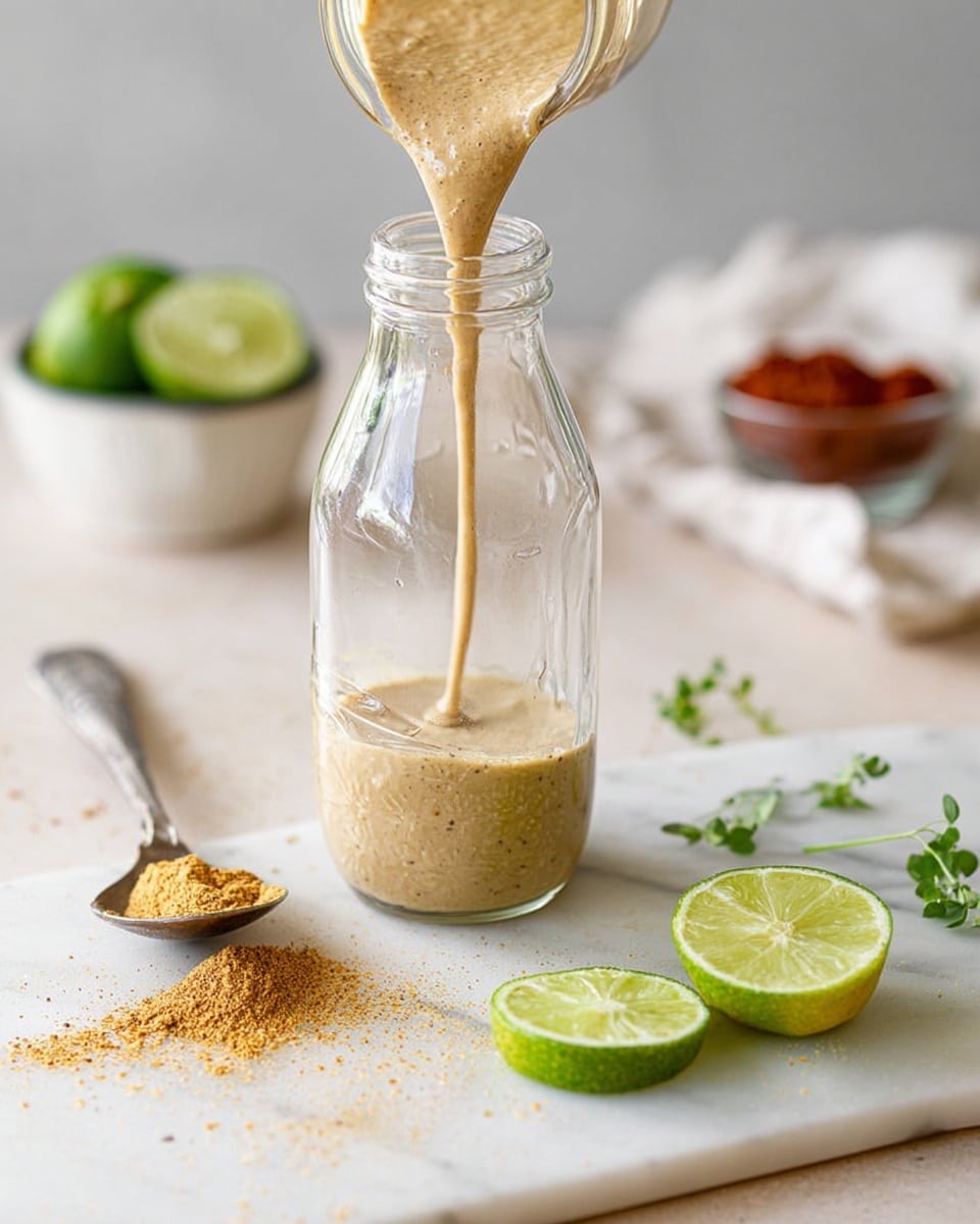 A clear glass bottle is placed on a white marbled surface, filling with a thick beige sauce that has visible specks, being poured from above. In the foreground, there are three bright green lime wedges resting on the white marble, along with small green herb sprigs scattered nearby. To the left, a spoon holds a heap of golden brown spices, with some spilled onto the white marbled surface, and a small white bowl in the background contains more reddish-brown spices, slightly blurred. The overall scene is softly lit with a clean, fresh look photo taken with an iphone --ar 4:5 --v 7