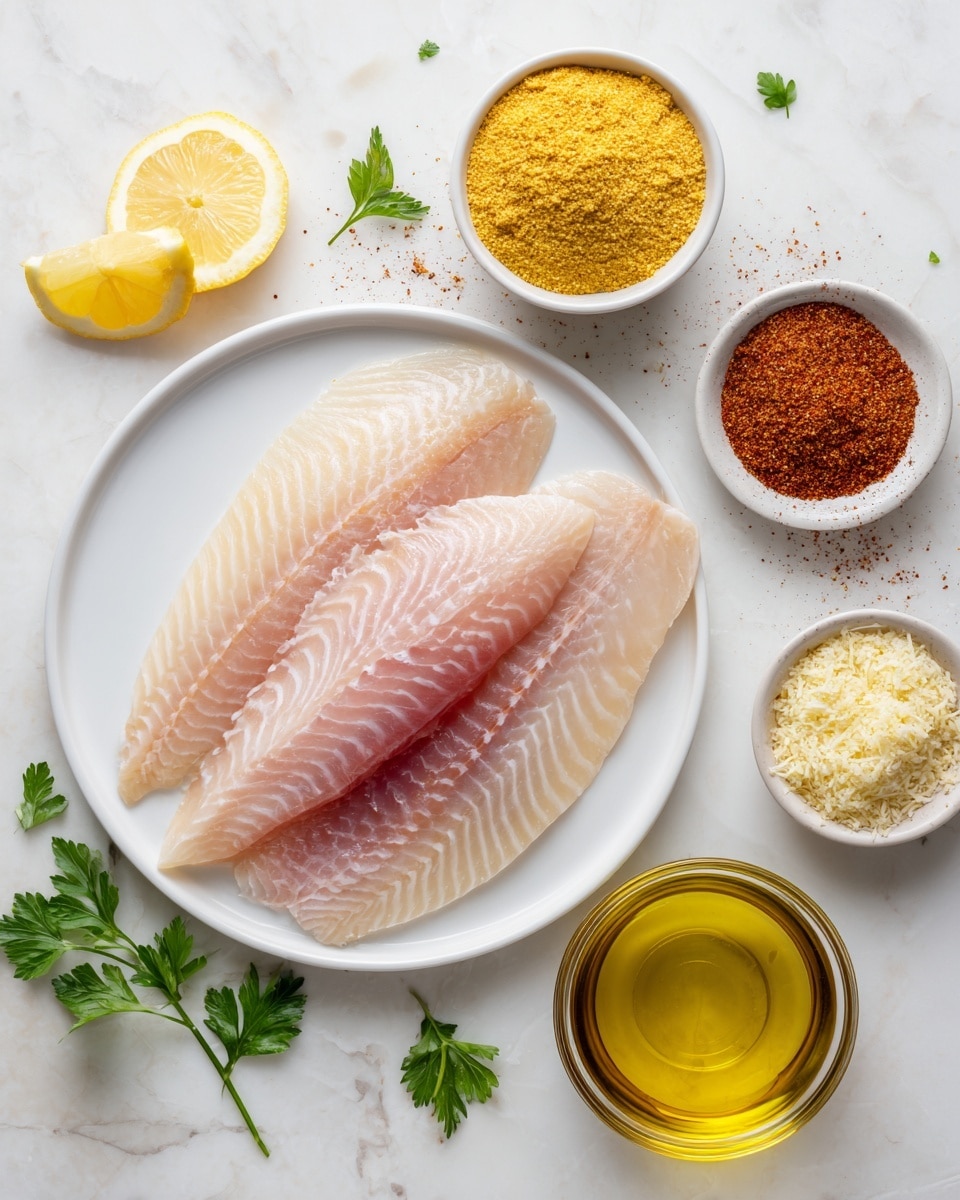 The image shows two raw tilapia fillets with a light pink and white color, placed on a white plate in the center. Above the plate, there are three small round bowls: one with a yellow garlic butter mixture, one with a reddish-brown Cajun seasoning, and one with light yellow parmesan cheese. Below the plate to the right is a small glass bowl filled with golden olive oil. The surface underneath everything is a white marbled texture, and there are small lemon wedges and green parsley sprigs scattered around for decoration. Photo taken with an iphone --ar 4:5 --v 7