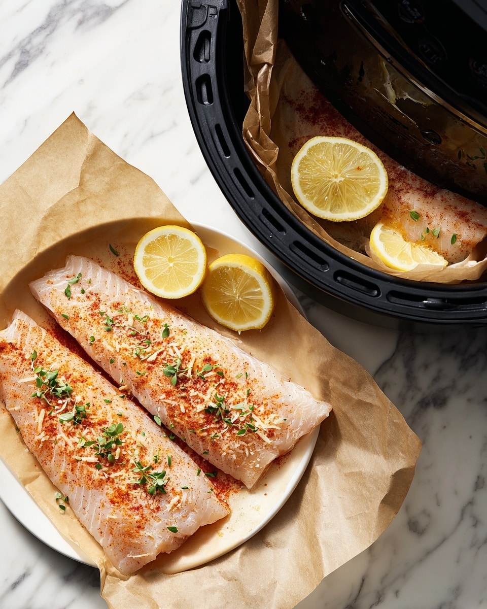 Two raw fish fillets lie flat on a white plate over a white marbled surface in the first image; the fillets are pale pink with a shiny, moist texture and lightly brushed with oil. In the second image, the same fillets on the same plate are sprinkled evenly with a reddish-orange spice and a white grated topping, creating a textured, speckled layer over the fish. The third image shows the fillets inside a black air fryer basket lined with brown parchment paper, still covered with the spice and grated topping, showing a soft and slightly powdery look. The fourth image shows the cooked fillets in the air fryer basket on parchment paper, now golden brown with a crispy surface, garnished with small green herbs and two lemon wedges placed around them. Photo taken with an iphone --ar 4:5 --v 7